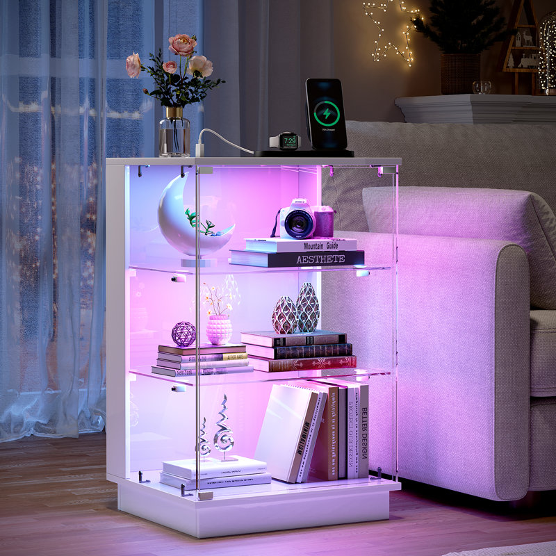 Table d'appoint de 60 cm de hauteur avec éclairage RVB, vitrine en verre à 3 niveaux avec port d'alimentation, Blanc
