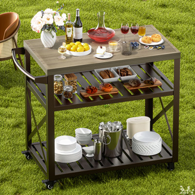 Carvajal Portable Outdoor Kitchen Island Grill Cart With Locking Wheels, Wood Looking Countertop And Handle