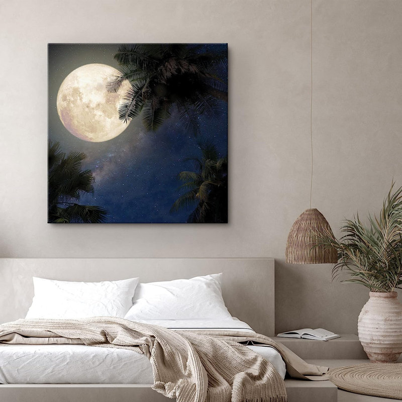 Pleine lune et étoiles sur des palmiers de la jungle tropicale sur toile, H 16 po x l 16 po x P 1,5 po