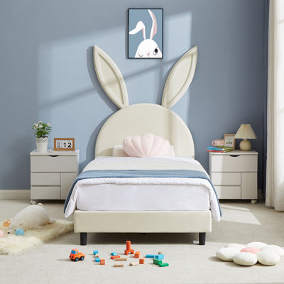 Cimahi Upholstered Twin Daybed Frame for Kids, Twin Platform Bed with Carton Ears Shaped Headboard, Wood