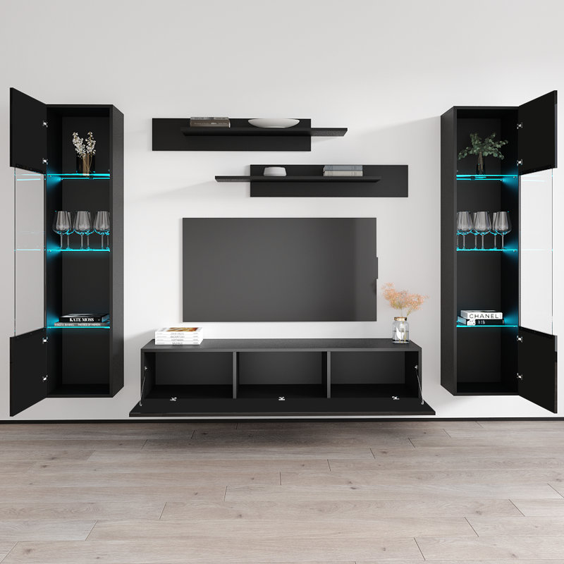 Volz 100" Modern Floating Wall Mounted Entertainment Center with 16-Color LED Lighting, High Gloss Finish, Black