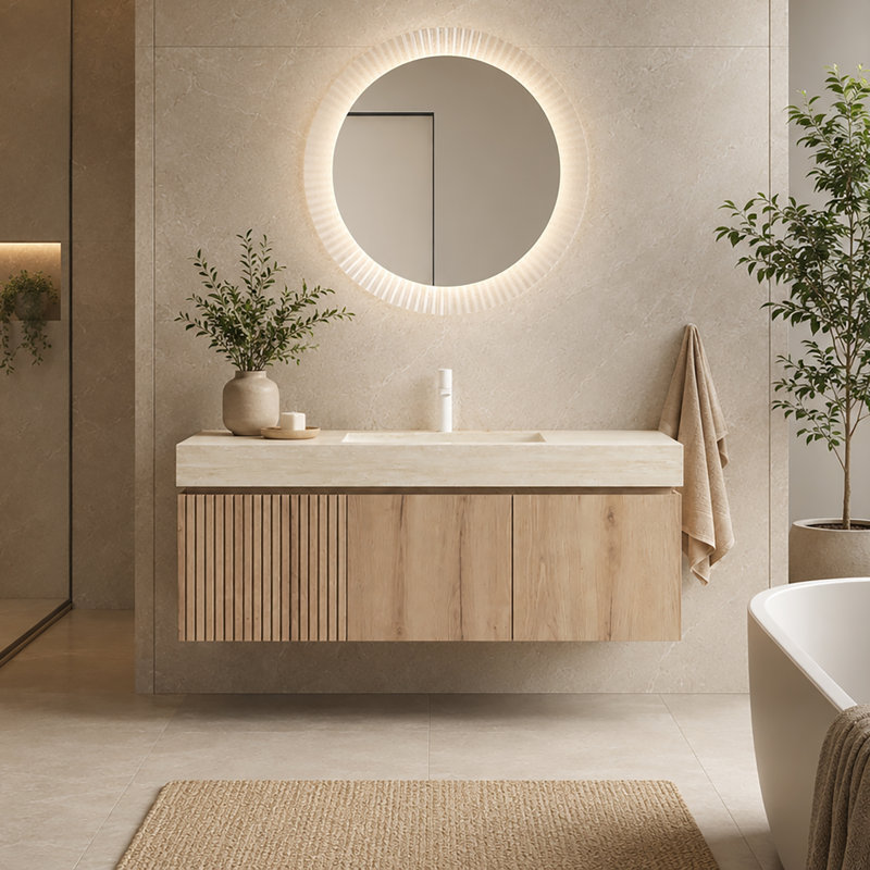 Alba 48" Modern Floating Bathroom Vanity with Sink, Wall Mounted Plywood Cabinet, Roma Travertine Sintered Stone Top, Soft-Close Storage, Pre-Assembled