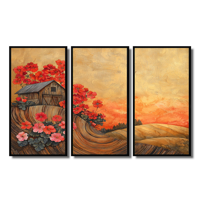 «Geraniums Flowers At Barn Landscape I» - art mural géraniums - ensemble de 3, H 28 po x l 36 po, Noir