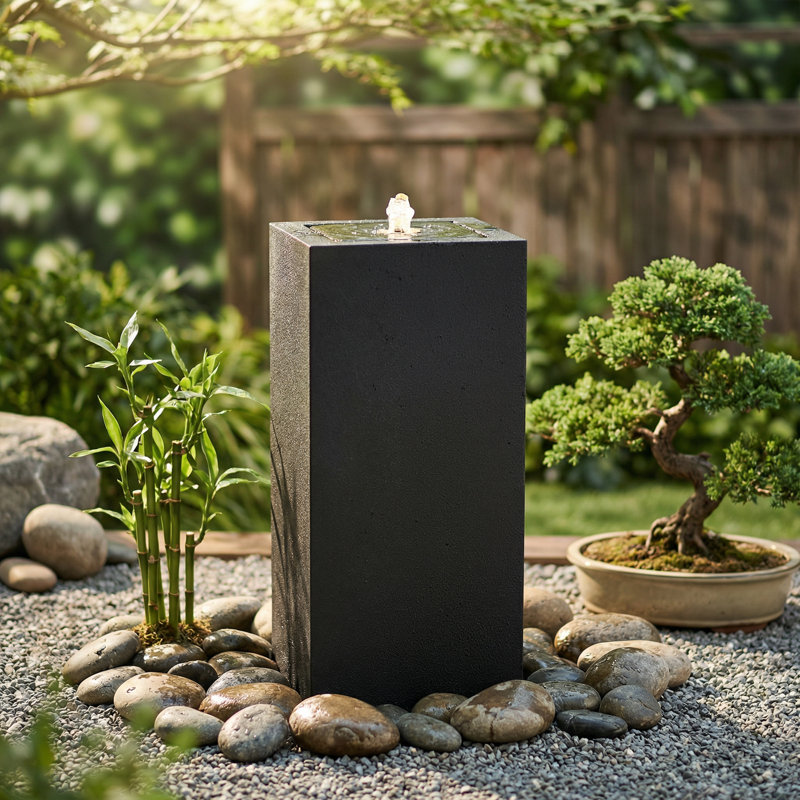 Fontaine rectangulaire d'extérieur à bulles en polystone à DEL - Noir, H 30 po x l 14,5 po x P 14,5 po, Noir
