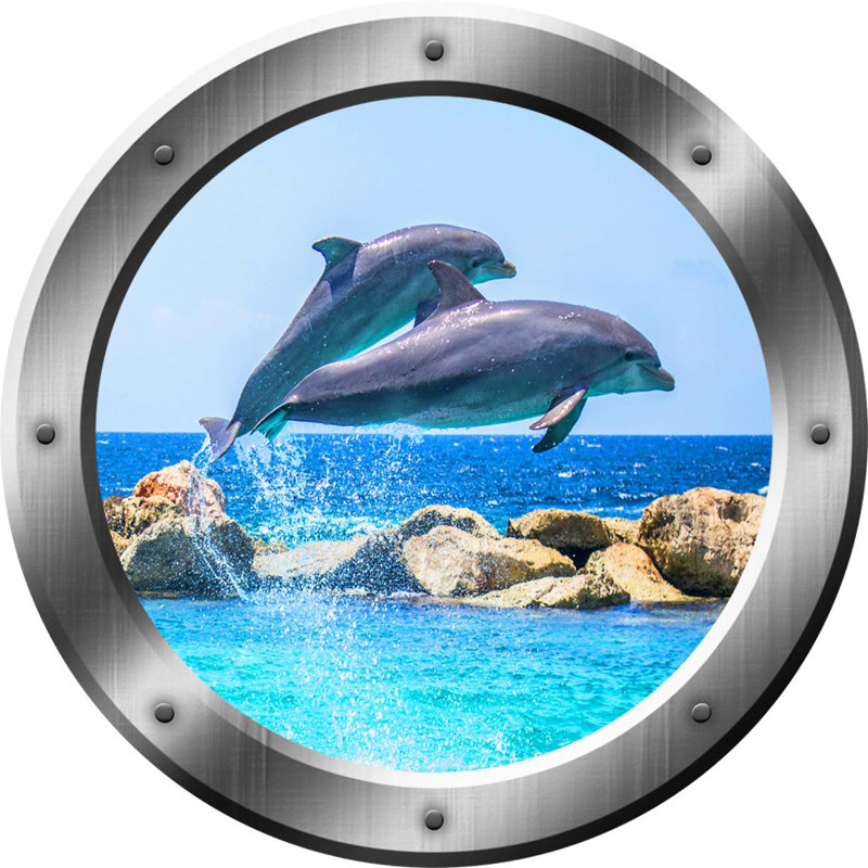 Décalcomanie murale hublot dauphin, H 20 po x l 20 po x P 0,01 po, Argent