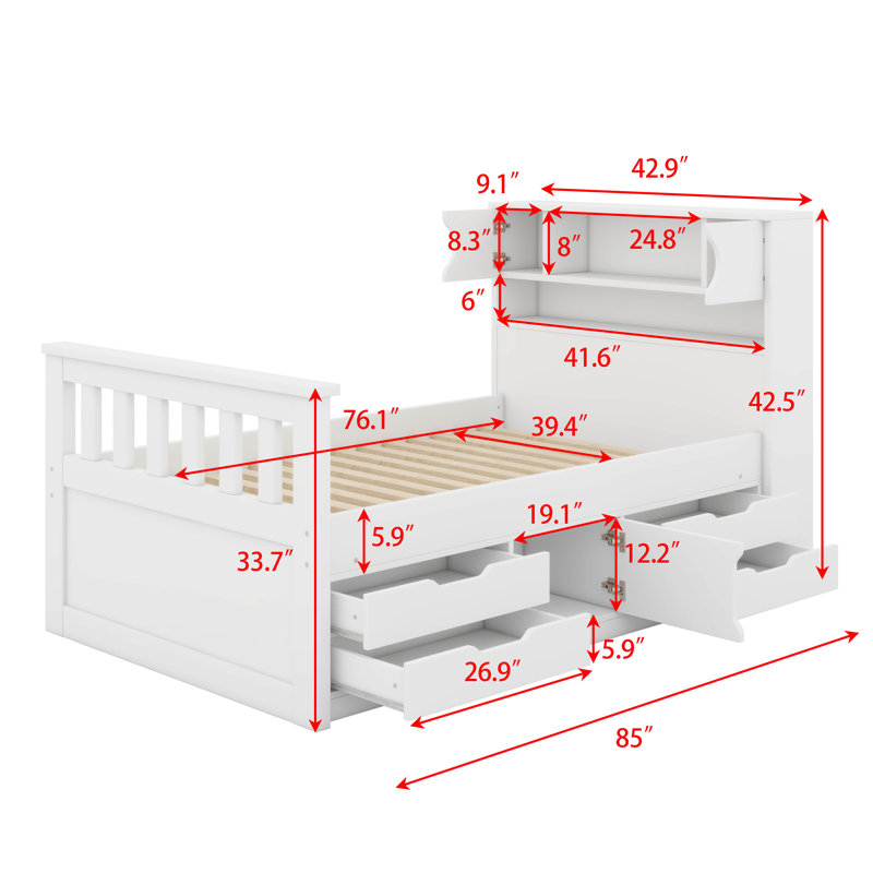Twin Size Platform Bed, Captain Bed Frame With 4 Storage Drawers And Bookcase And Shelves, Multi-Funtional Storage Bed