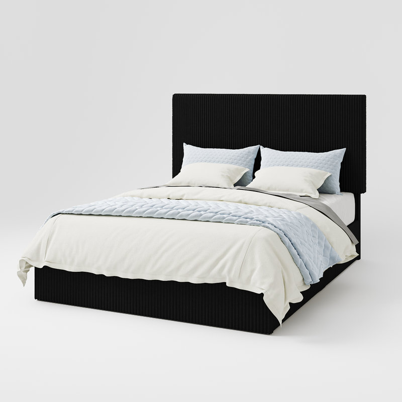 Modern Corduroy Fully Upholstered Platform Bed With Headboard, No-Dust Design, No Box Spring Needed, Black, King