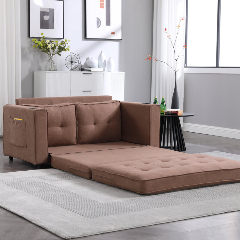 3-In-1 Upholstered Futon Sofa Convertible Floor Sofa Bed,Foldable Tufted Loveseat With Pull Out Sleeper Couch Bed, Brown