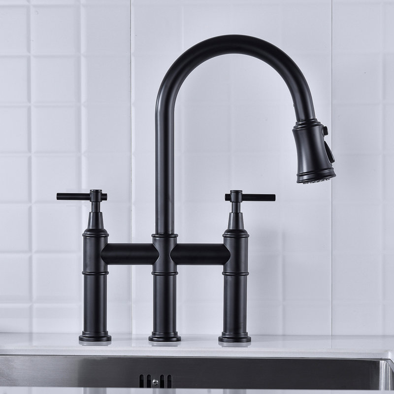 Bridge Kitchen Faucet With Pull-Down Sprayhead In Spot, Matte Black