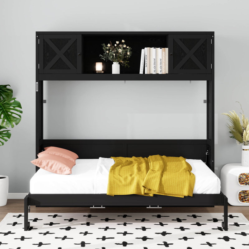 Lit escamotable double avec armoires de rangement, lit plateforme en bois massif, lit escamotable avec armoire de rangement