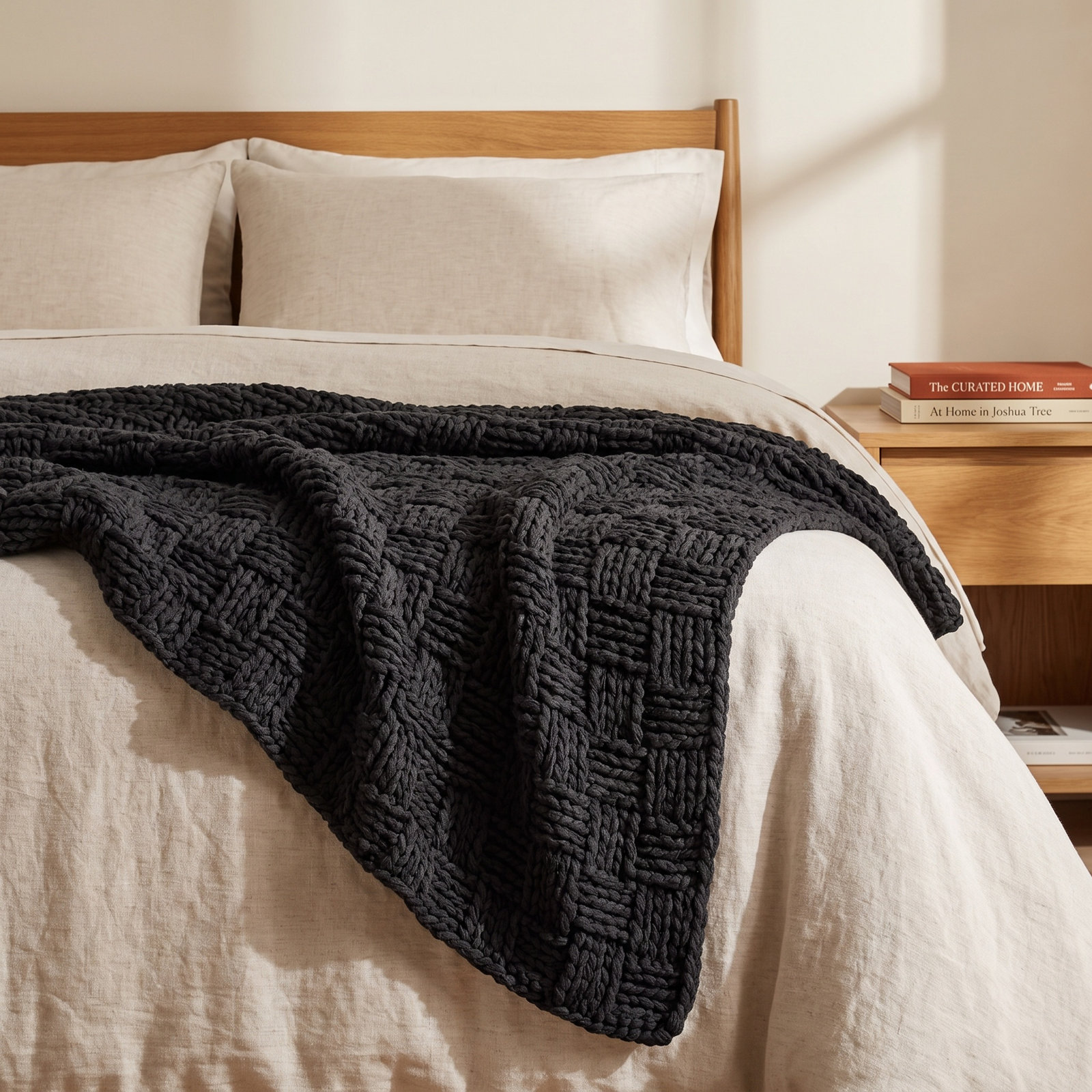 Hand-Knitted Wool Throw Blanket, Black, 60" L x 50" W