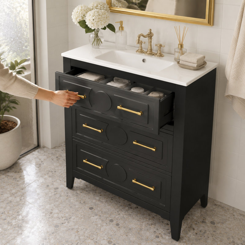 Meuble-lavabo autoportant noir mat avec lavabo en céramique et quincaillerie dorée
