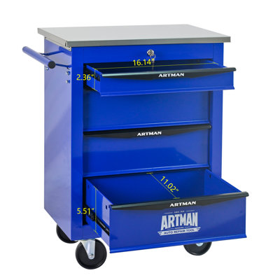 4 Drawers Multifunctional Tool Cart With Wheels, Metal Rolling Tool Cart Storage With Stainless Steel Roof (black&blue)