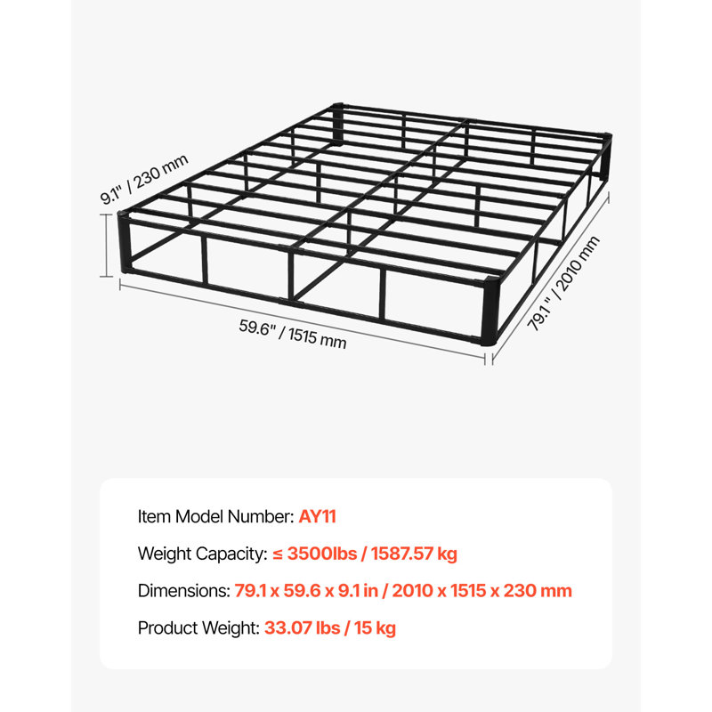 Box Spring, 9.1 in Mattress Foundation, 3500 lbs Max Weight Capacity, 79.1 x 59.6 x 9.1 in, Queen Size Bed Frame with Washable Fabric Cloth, Heavy-Duty Metal Frame for Queen Bed, Easy Assembly
