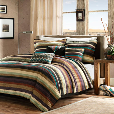 Courtepointe réversible double / grand, microfibre, magnifiques motifs zigzag et rayures en mauve, bleu sarcelle, tons de terre, avec coussins réversibles de taille réversible, rayures intrigantes