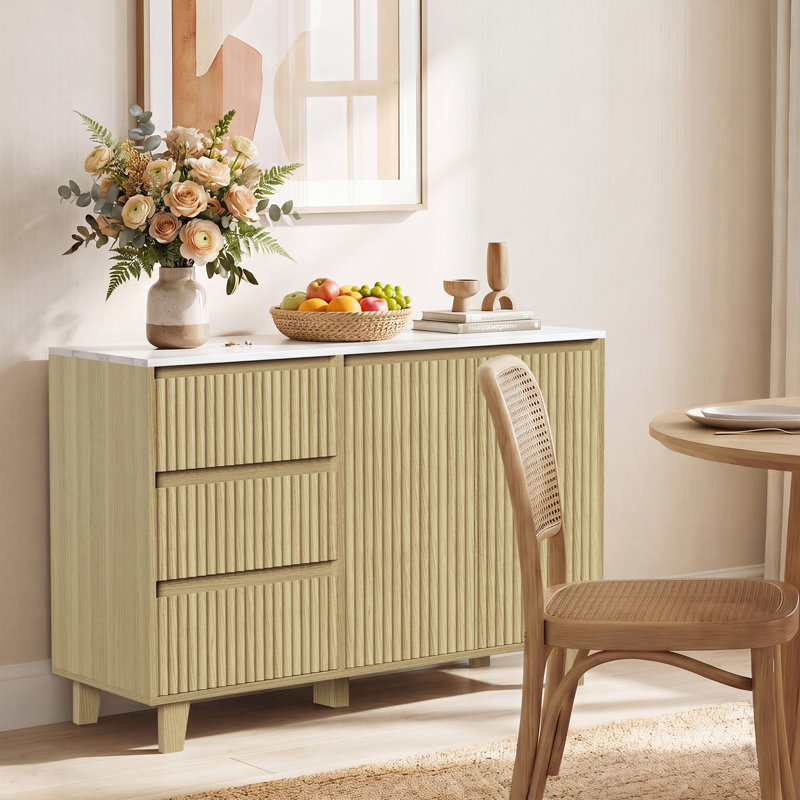 Buffet cannelé de 40 po, armoire de rangement avec tablettes réglables, armoire d'appoint avec tiroirs, conception sans poignée, console multimédia pour le salon, la salle à manger, chêne naturel