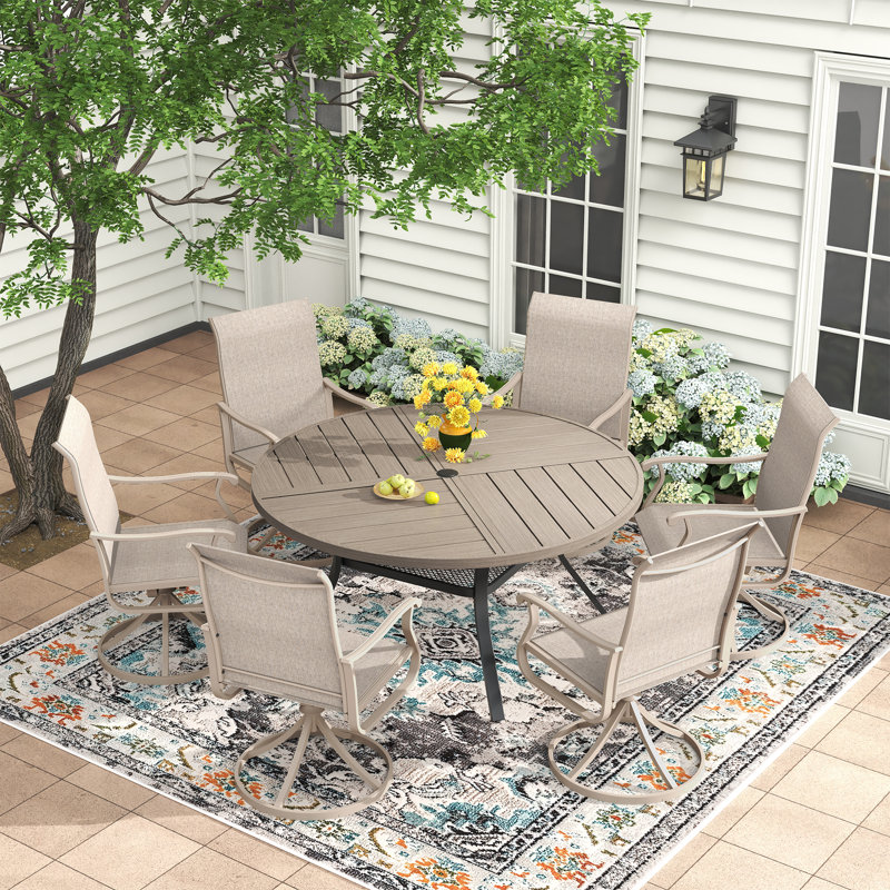 6-Person Outdoor Patio Dining Set With Swivel Chair, Gray Woodlike/Cream