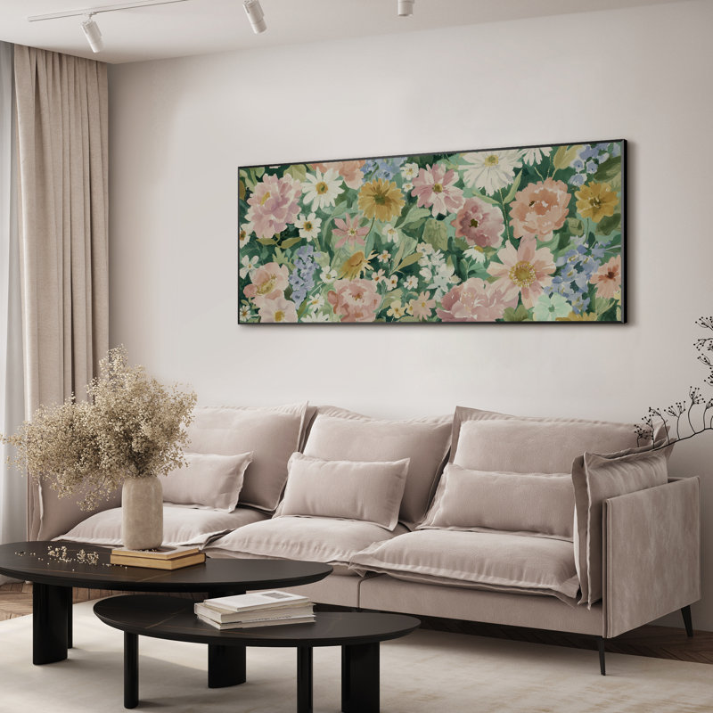 Très grande impression printanière sur un jardin floral printanier - fleurs roses et blanches avec feuilles vertes, œuvre d'art pour le salon ou la chambre à coucher, assemblage requis