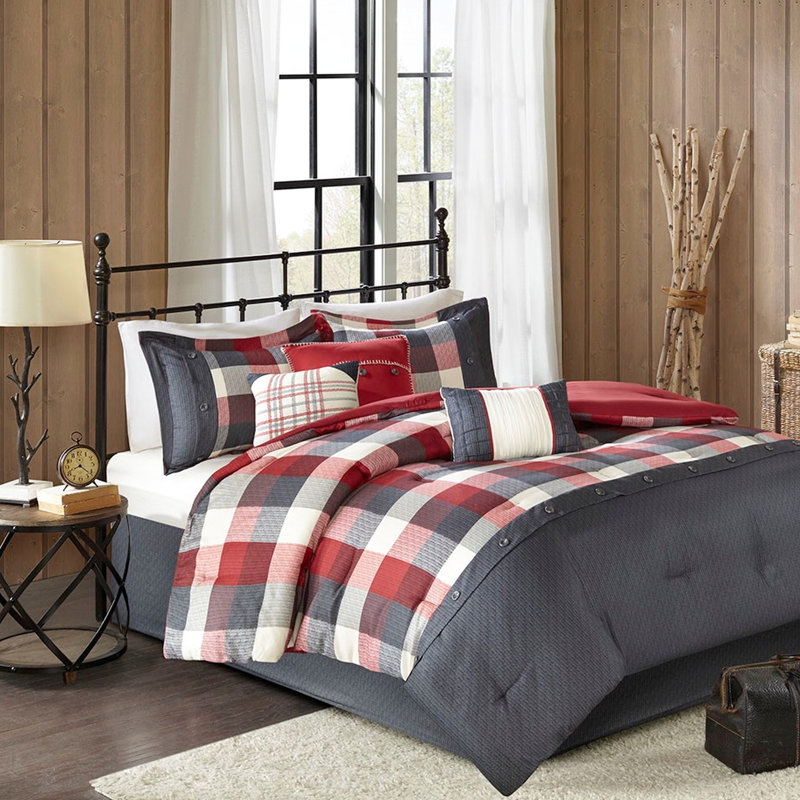 Couette 7 pièces pour lit King - Motif à chevrons rouges et à carreaux Buffalo avec accents