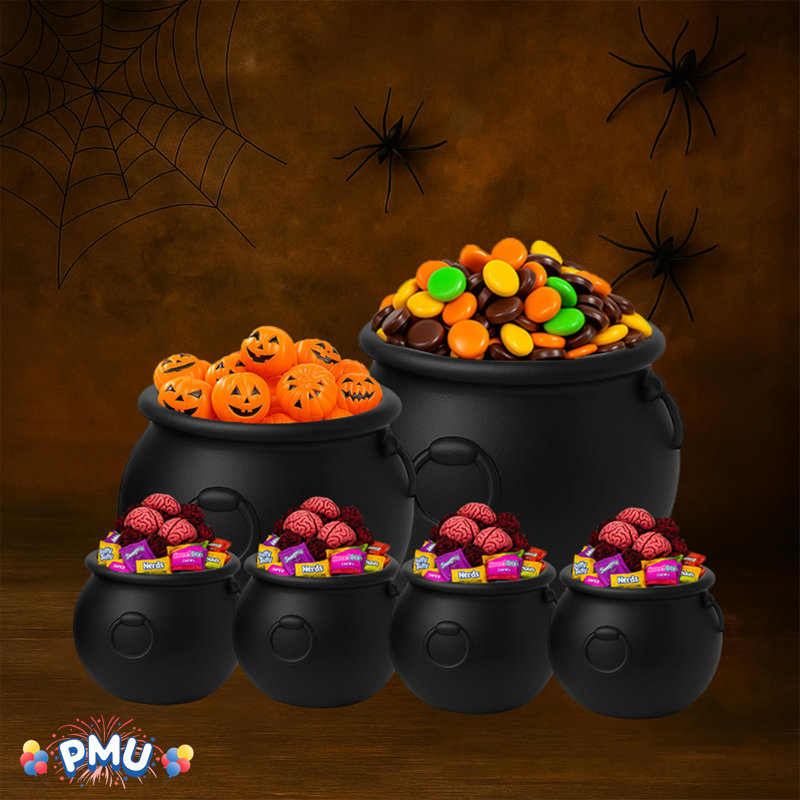  6 pièces- (1) bouilloire de chaudron d'Halloween de 8 po, 1 po de 6 po et 4 po de 3 po, chaudron de sorcière en plastique noir, porte-bonbon d'Halloween, décorations d'intérieur et d'extérieur