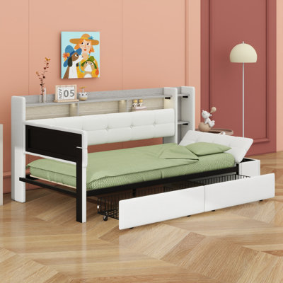 Lit de jour à revêtement moderne avec repose-pieds, tiroirs de rangement, tablettes, lumière DEL et fonction de chargement USB
