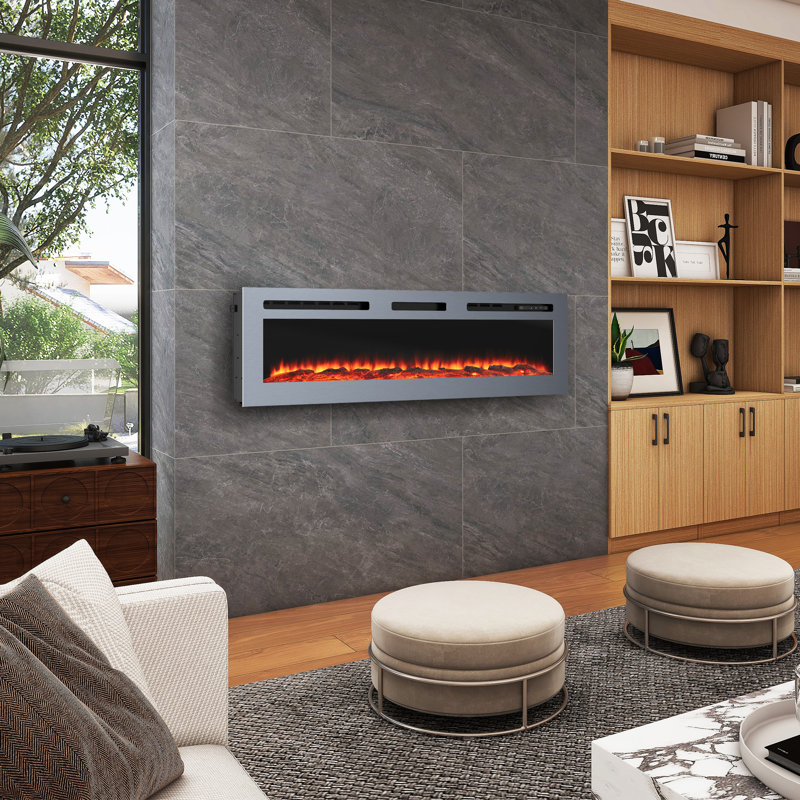 Wall Mounted/Recessed-In Stainless Steel Electric Fireplace, 17" H x 60" W x 4.1" D