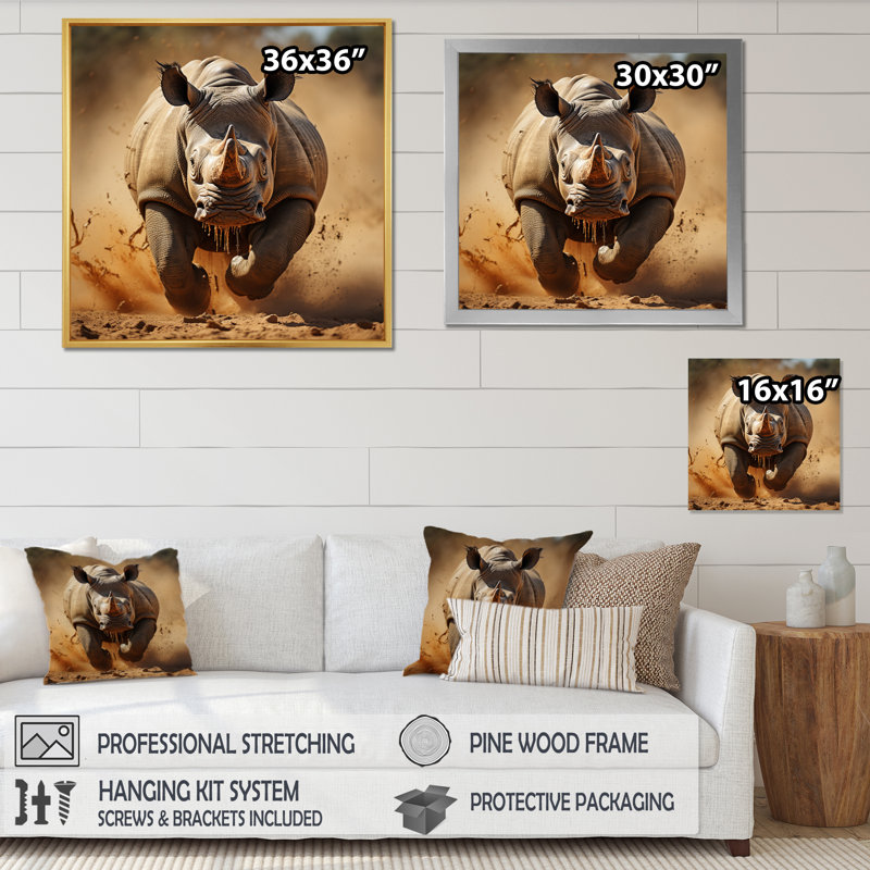 Rhinocéros africain qui court sur toile, 24" H x 24" W, Cadre flottant doré