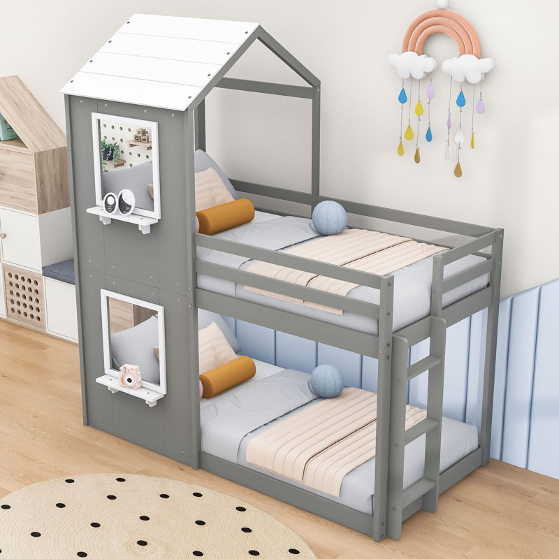 Twin Over Twin Bunk Bed With Safety Features And Roof, Gray