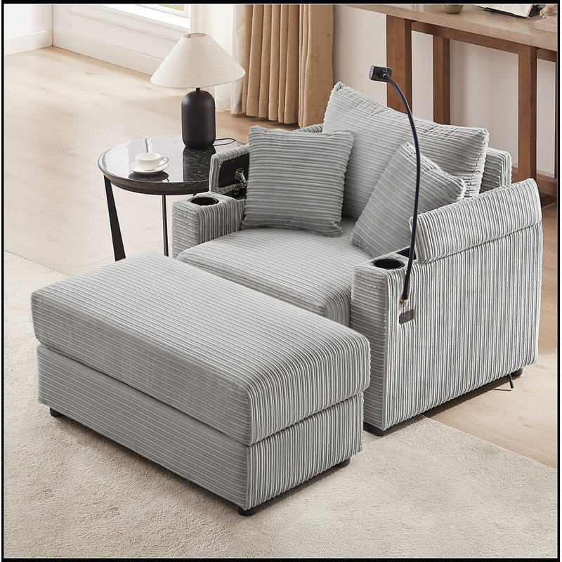 Modern Single Sofa with Ottoman & USB Ports – 41.7", Hidden Storage, Cup Holders, Phone Holder, Corduroy Upholstery, Gray