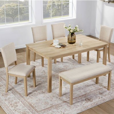 Ensemble de table de salle à manger 6 pièces avec banc, ensemble de table de cuisine rectangulaire en bois avec banc et 4 chaises rembourrées