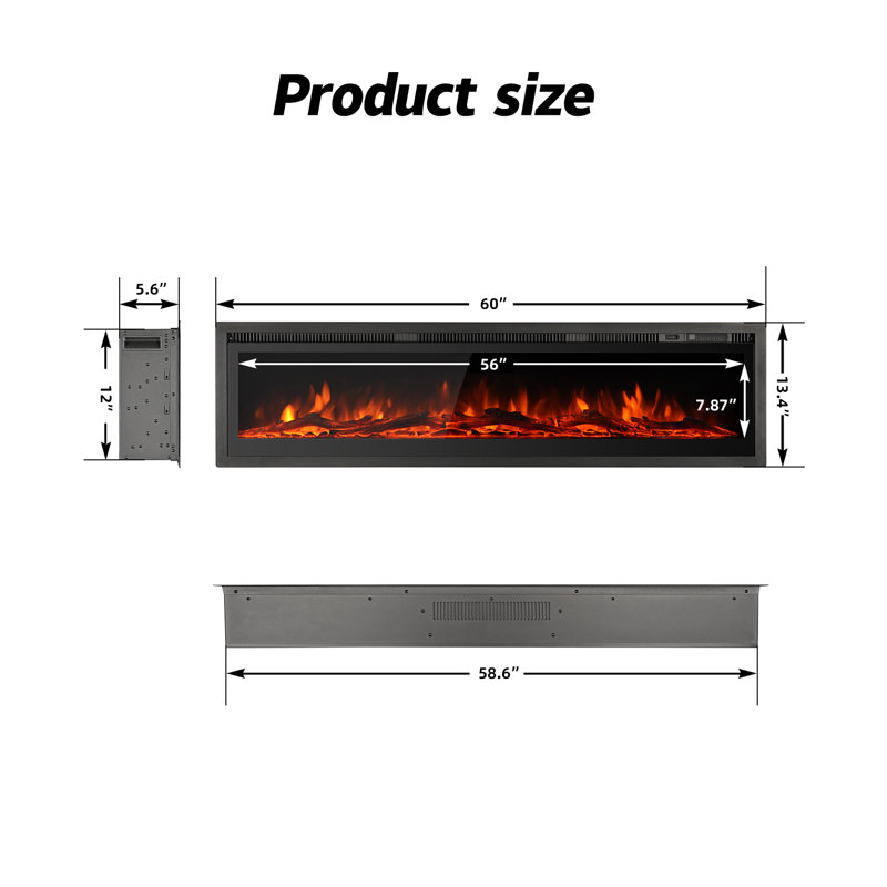 Electric Fireplace Insert Wall Mounted Freestanding Heater Metal Panel With Crystal & Log, 34cm H x 153cm W x 14cm D