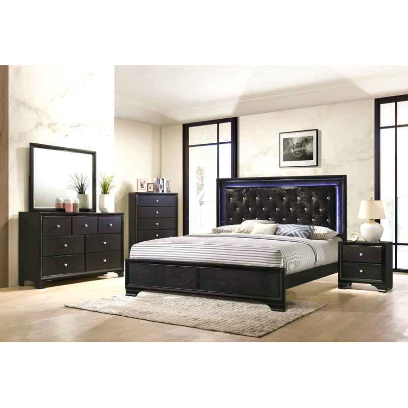 Mobilier de chambre moderne capitonné à finition noire très grand lit à panneau 1pc, Très grand lit