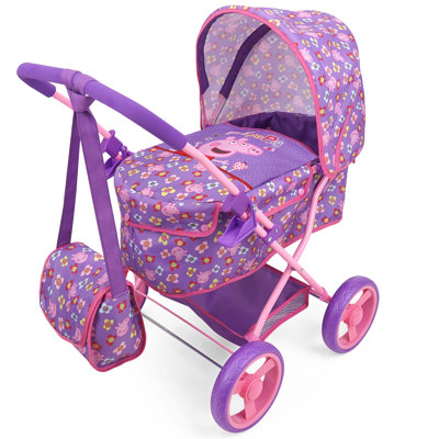 Peppa Pig: landau et sac de poupée de luxe - mauve, rose, fleurs - accessoire pour poupées jusqu'à 18 po, sac à bandoulière, pliable, auvent rétractable, enfants jusqu'à 3 ans et plus
