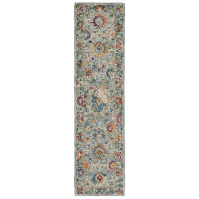 Tapis oriental gris / vert en laine / coton touffeté à la main