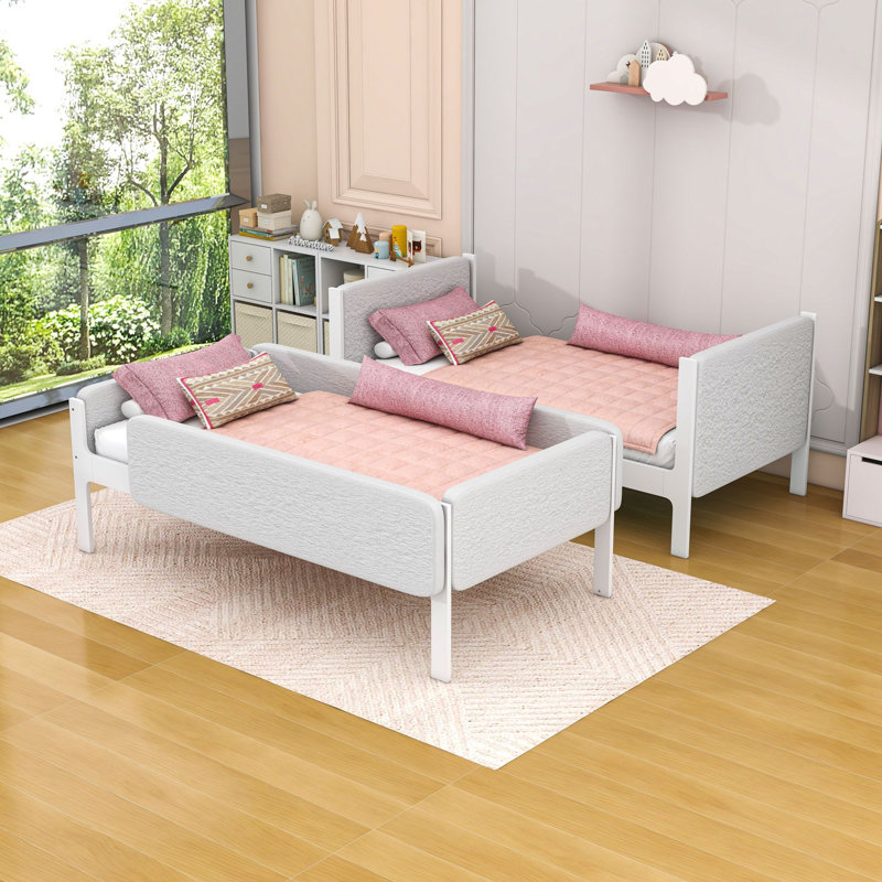 Lit superposé double rembourré avec tissu Sherpa moelleux, rembourrage épais et barrières de sécurité, Blanc