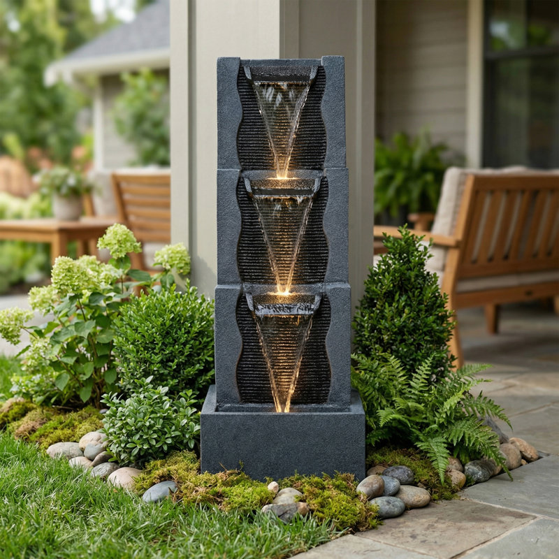 Fontaine d'extérieur moderne noire de 40 po avec lumières DEL et pompe de 15 W certifiée ETL - Cascade contemporaine à plusieurs niveaux