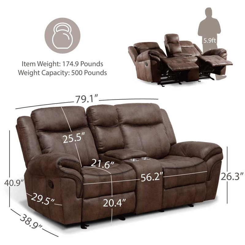 Ensemble de salon inclinable , 3 pièces: 1 canapé, 1 causeuse, 1 fauteuil, Brun