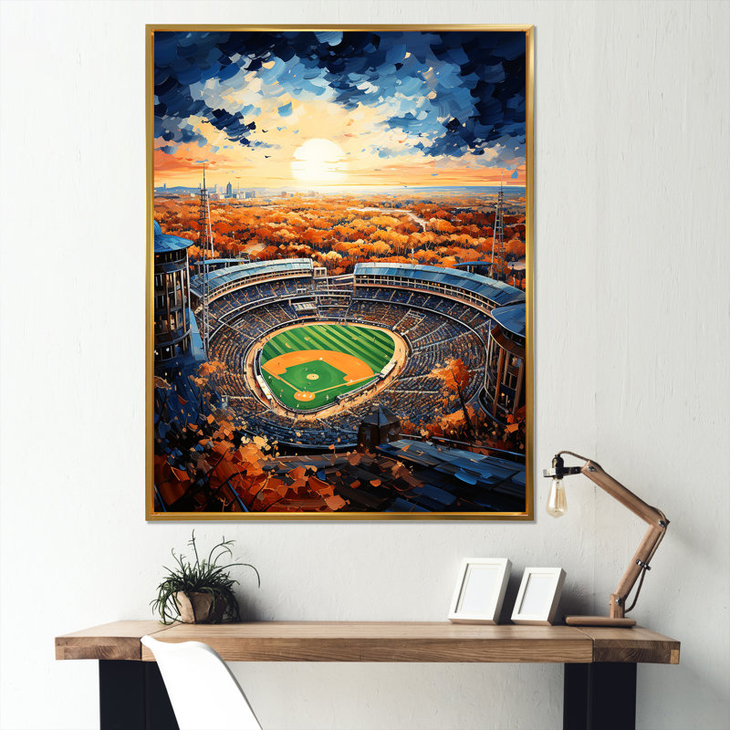 Vue d'oiseaux du stade I, H 44 po x l 34 po x P 1,5 po, Cadre flottant doré