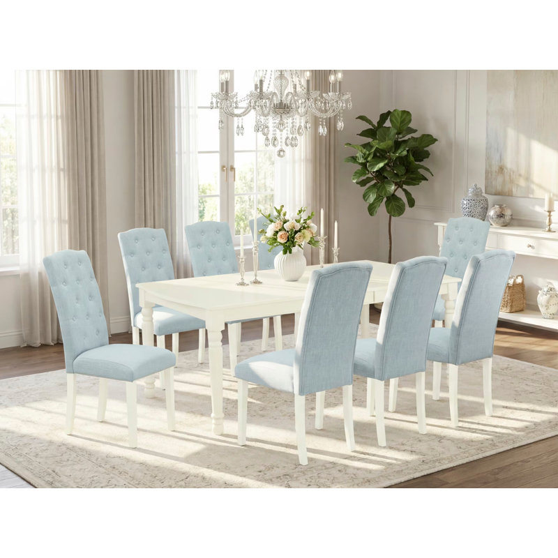 Ensemble de table de salle à manger 9 pièces comprenant une table de salle à manger rectangulaire avec feuille papillon et 8 chaises parsons en tissu bleu bébé, lin blanc