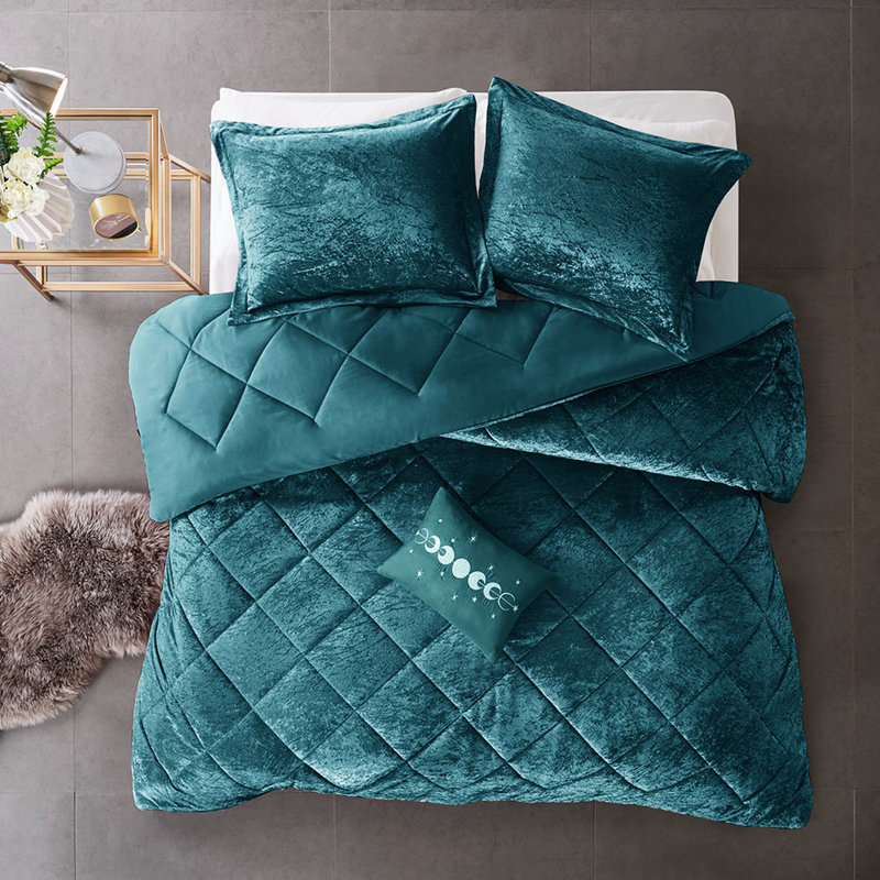 Édredon luxueux en velours bleu sarcelle pour lit simple / simple TG - Garnissage losange avec coussin lavable à la machine