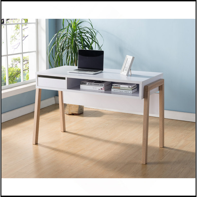 Bureau, bureau d'ordinateur avec tablette de rangement cachée, tiroir et prise USB / blanche en blanc et blanc vieilli