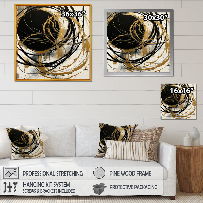 Art noir et or noir du Chaos V - Peinture abstraite, art mural, Toile avec cadre photo, H 36 po x l 36 po, Noir