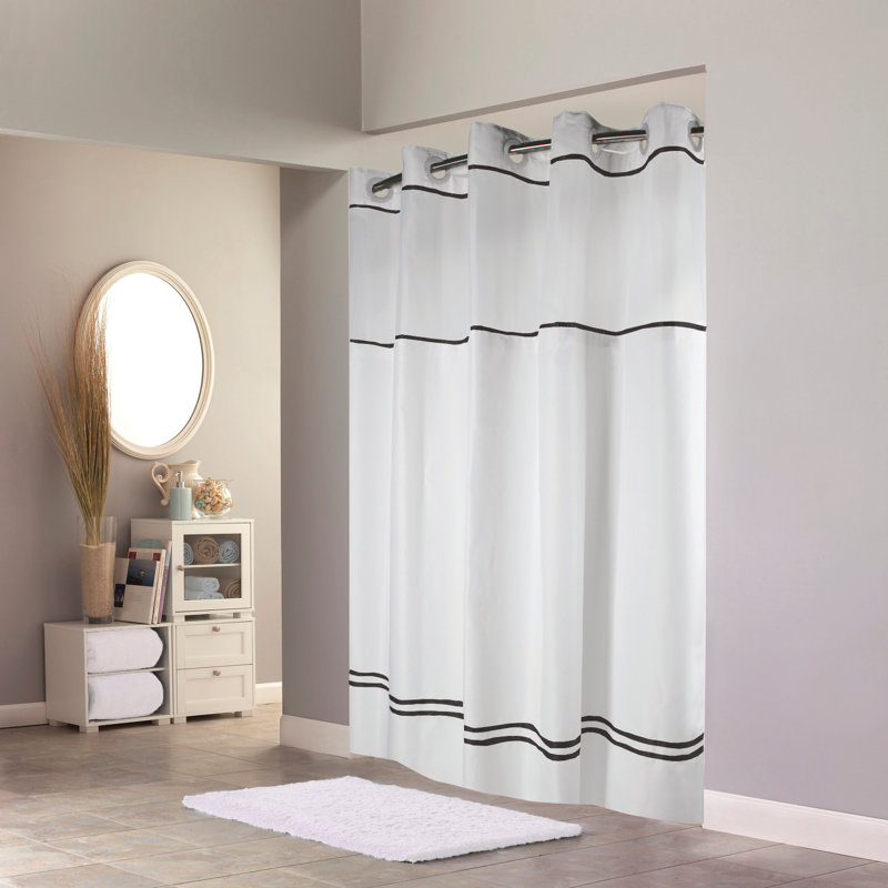 White and Black Hookless Fabric Shower Curtain with Liner