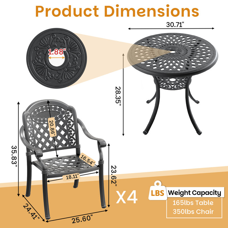 5-Piece Outdoor Dining Set, 30.71" Round Table with Umbrella Hole & 4 Stackable Chairs, Red Cushions