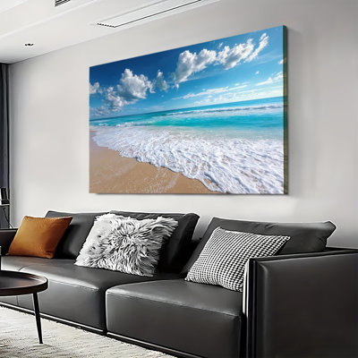 Turquoise, océan, bord de mer, plage de sable, ciel bleu, paysage marin moderne, grande impression sur toile tendue avec châssis pour salon et chambre à coucher