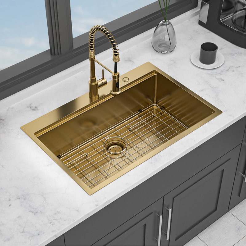 Évier de cuisine encastré en acier inoxydable T304 de calibre 16 de 33 po x 22 po Gold, fonctionnalité de poste de travail, système de drainage en douceur, revêtement de protection, paquet avec grille de vaisselle et fonction de rebord de drain, eau