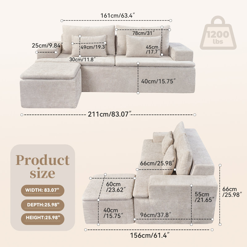 83" Cloud Sectional Couch with L-Shape Chaise, Modular Sofa with Deep Seat Reversible Ottoman, Boneless Couches for For Living Room, Cushion Back, Includes 2 Throw Pillows, Sofa in a Box