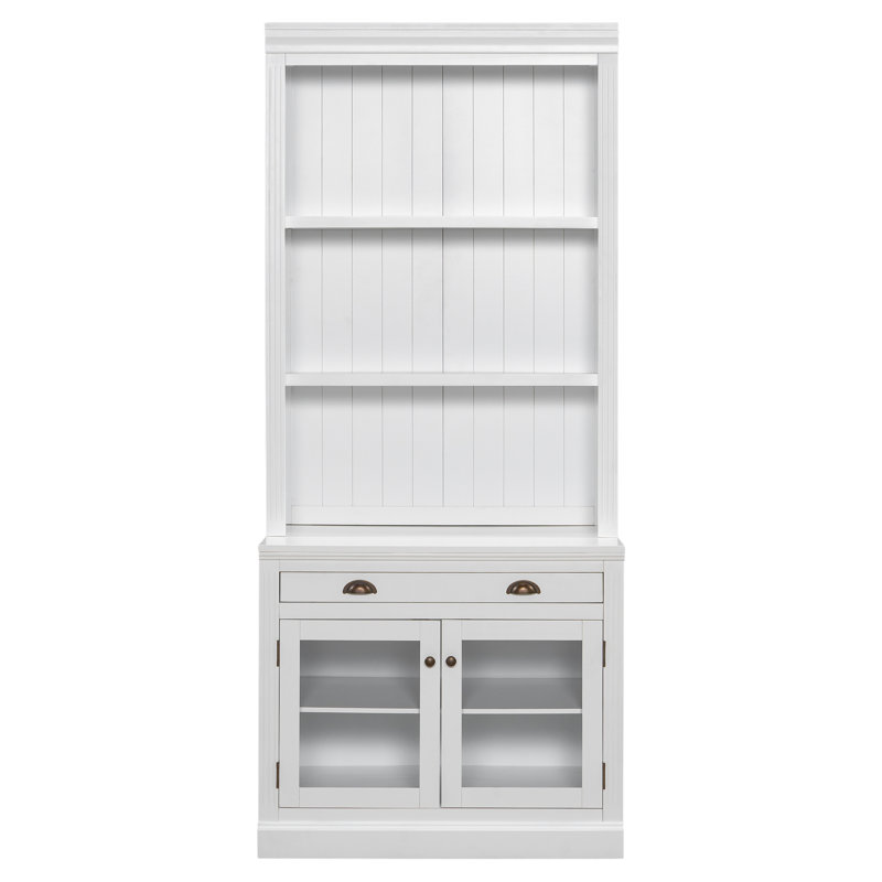 Bibliothèque blanche moderne de 83,4 po de hauteur avec 2 portes en verre trempé, 1 tiroir, tablette ajustable et quincaillerie de tiroir d'oxydation en bois massif, 3 tablettes ouvertes pour l'organisation de la chambre à coucher