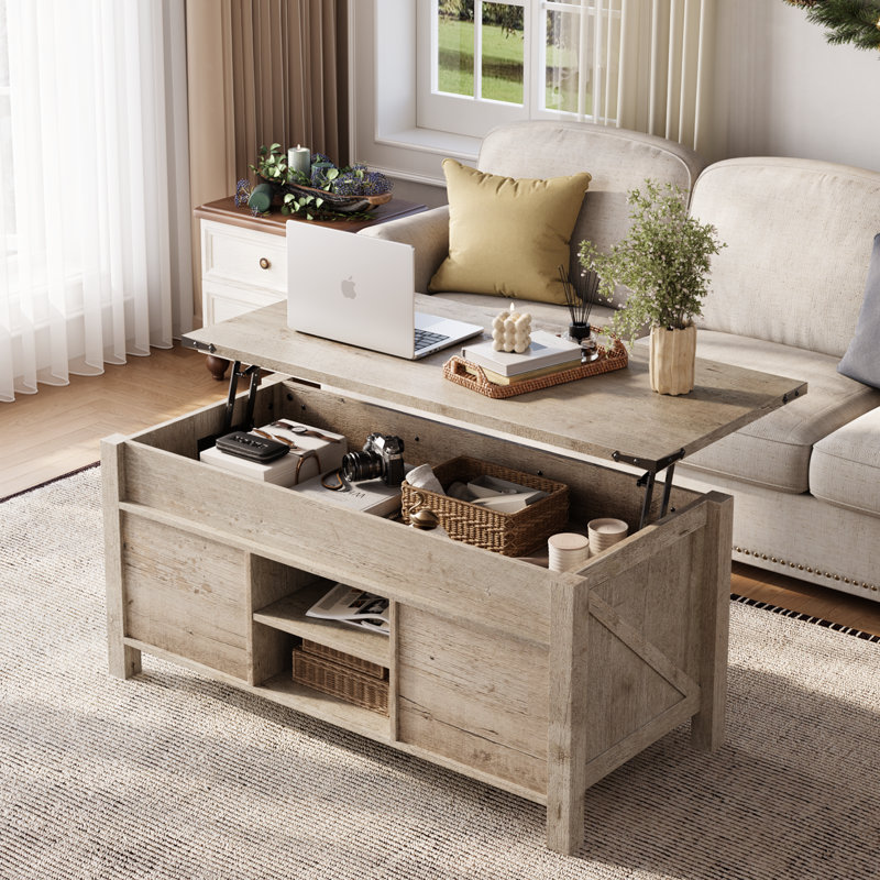 Table basse 48 po avec rangement sur le dessus de bureau et porte de grange, Chêne rustique pâle