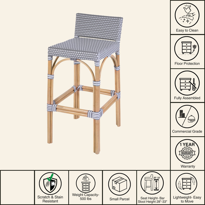 Serienna Blue & White Rattan Low Back Counter Stool, Gray/White Dot, Bar Stool (30" Seat Height)